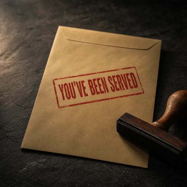 A manila envelope stamped in red: You've Been Served.