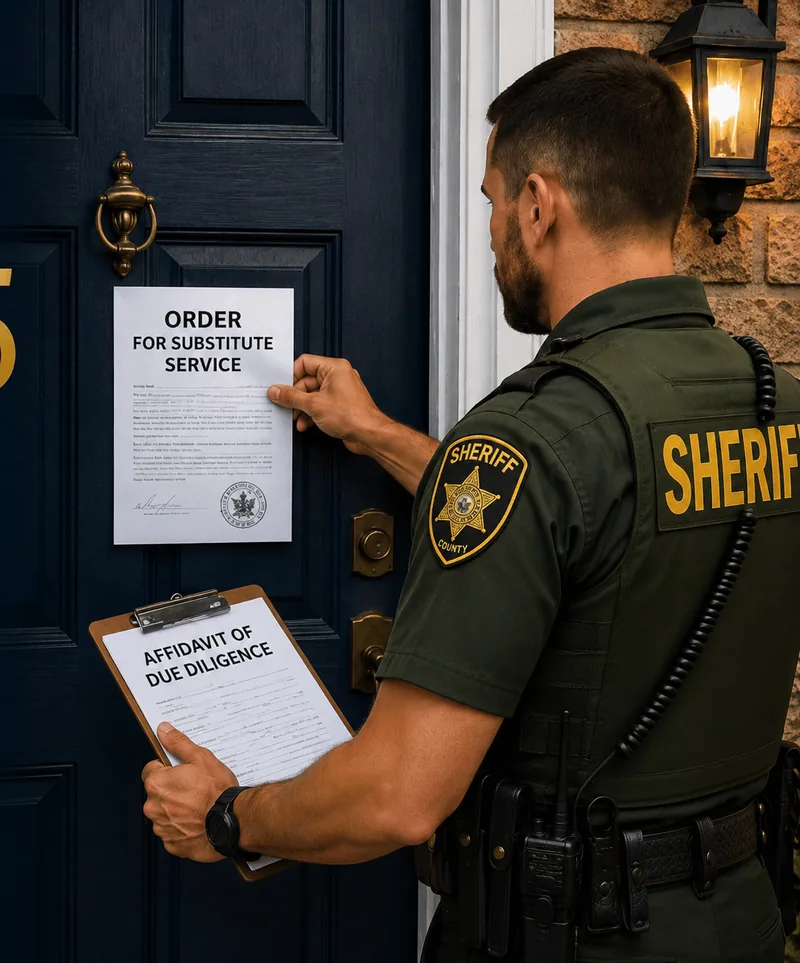 A sheriff's deputy taping an order for substitute service to a front door, holding an affidavit of due diligence.